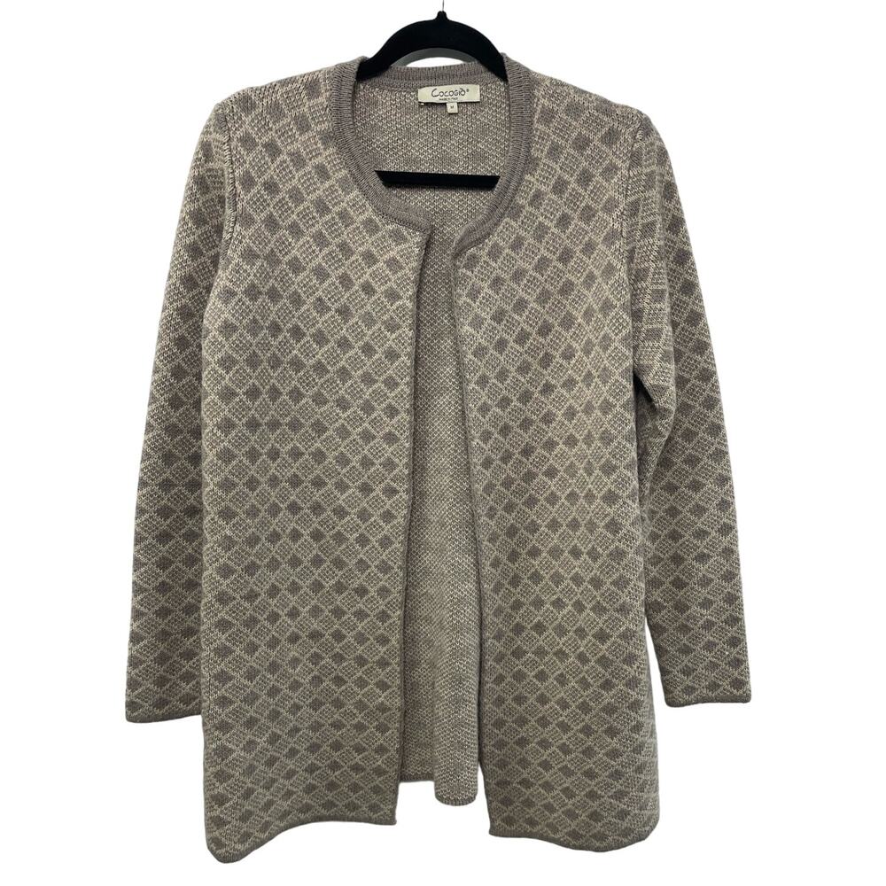Cocogiò‎ Italian Wool Blend Argyle Long Sleeve Open Cardigan Beige Women's Med